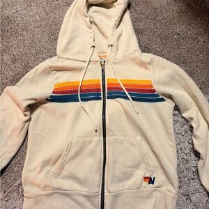 Aviator Nation Cream Hoodie with Rainbow Stripes